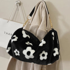 Floral Pattern Plush Shoulder Bag for Women Winter Crossbody Handbags