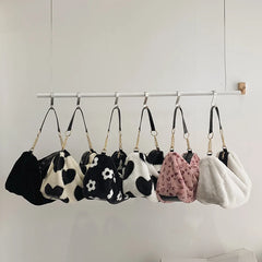 Floral Pattern Plush Shoulder Bag for Women Winter Crossbody Handbags