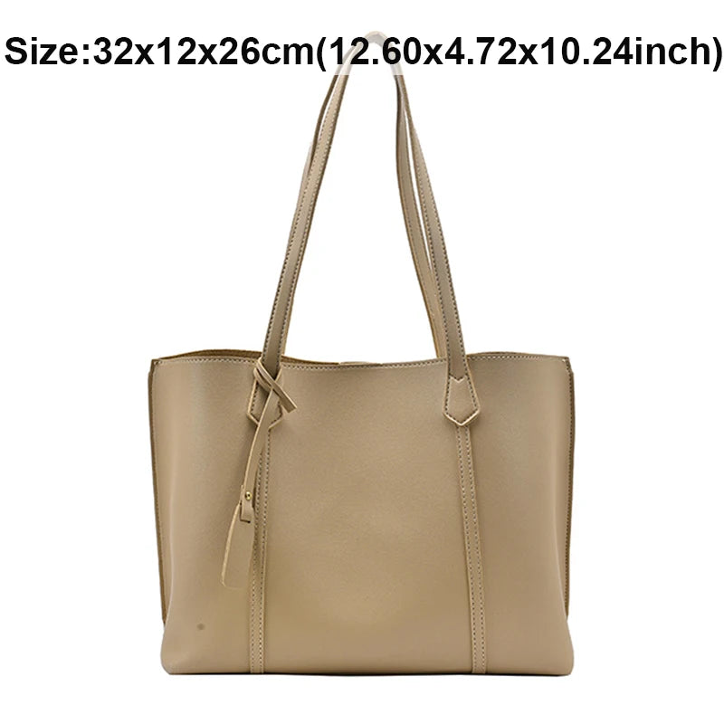 Large Capacity Tote Bags Solid PU Leather Shoulder Bag Female Zipper Bolsa