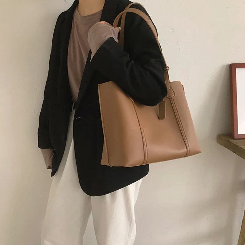 Large Capacity Tote Bags Solid PU Leather Shoulder Bag Female Zipper Bolsa