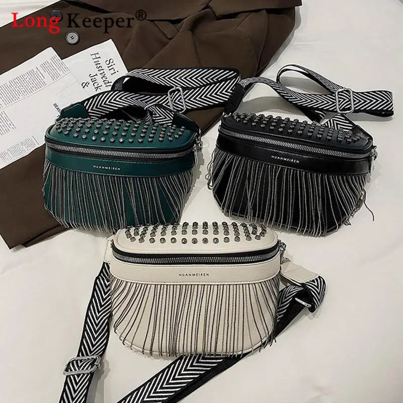 Big Woman Bling Chest Bag PU Tassel Leather Large Capacity
