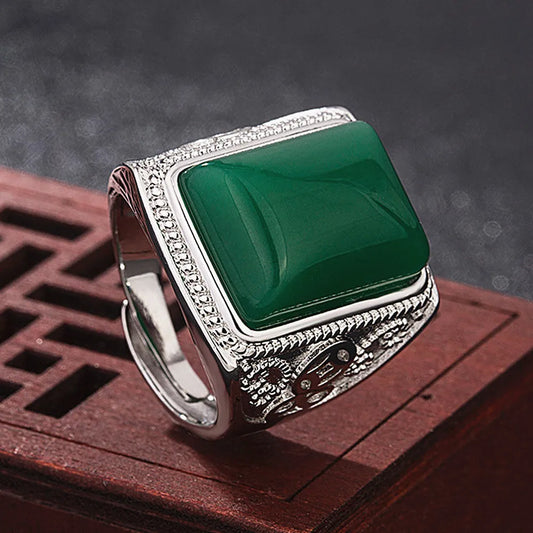 Vintage Carving Green Jade Men's Ring Silver Jewelry