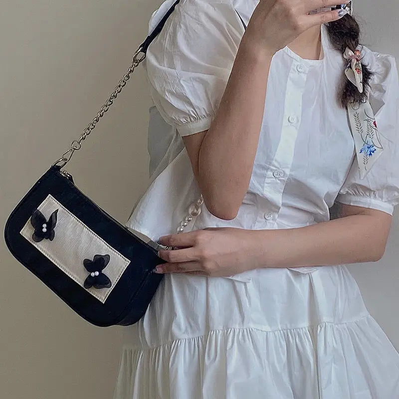 Butter-fly Underarm Shoulder Bags French Retro Pearls Party Sweet Girls