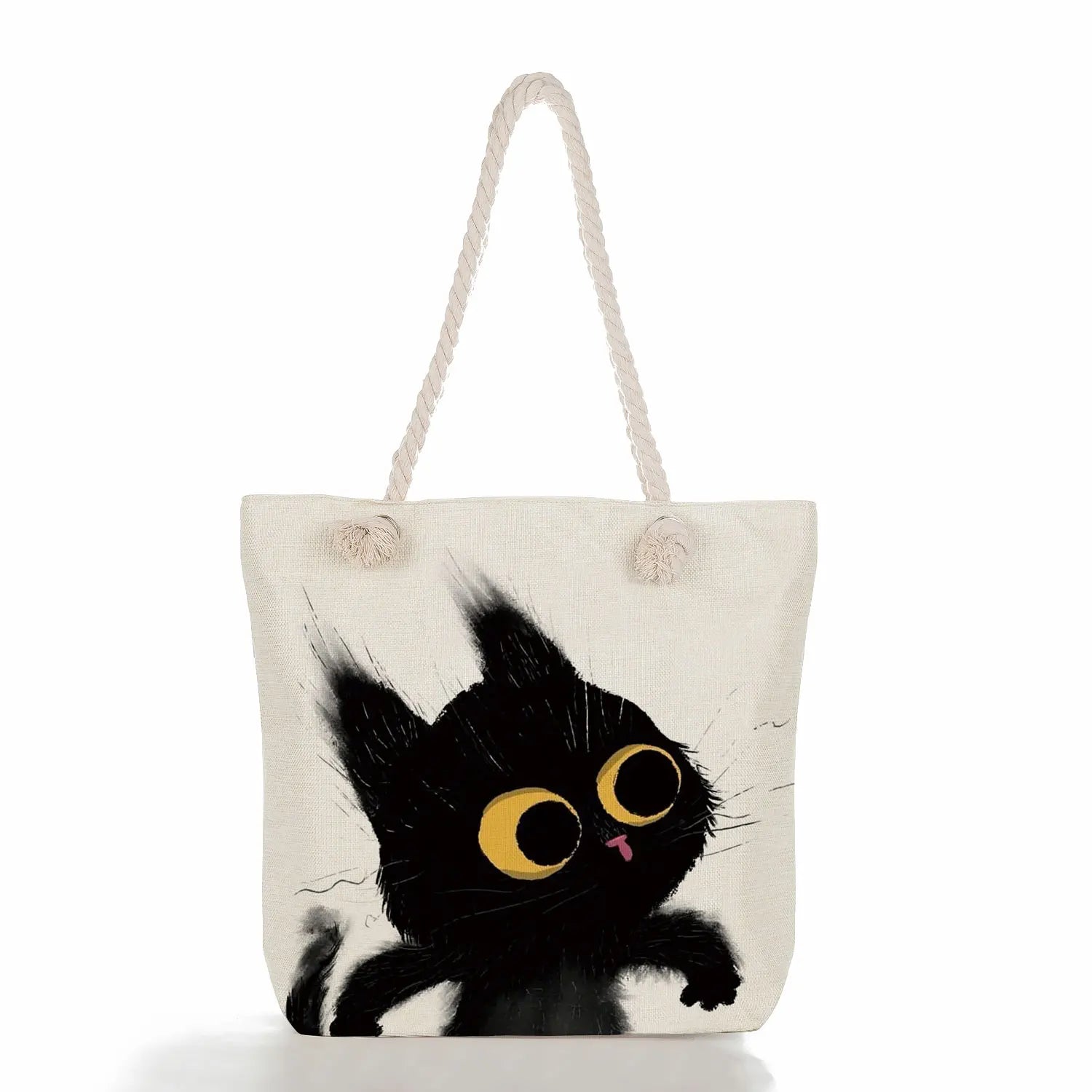 Cat Print Handbags Linen Thick Rope Women Tote Bag High Capacity