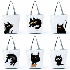 Cat Printed Tote Bag Cartoon Animals Eco Shopping Daily Handbag