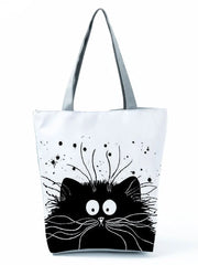 Cat Print Eco Handbags Cartoon High Capacity Shopping Office Reusable C