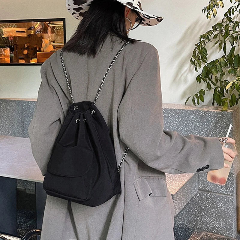 Women's Drawstring Chain Bucket Backpack Casual Travel Bags