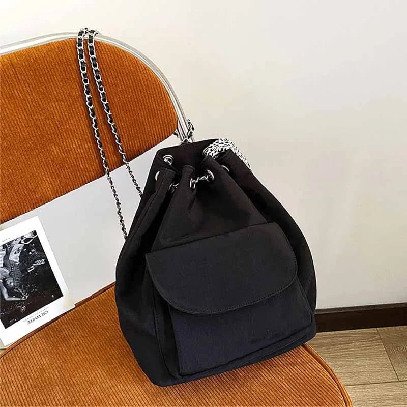 Women's Drawstring Chain Bucket Bag Nylon Backpack