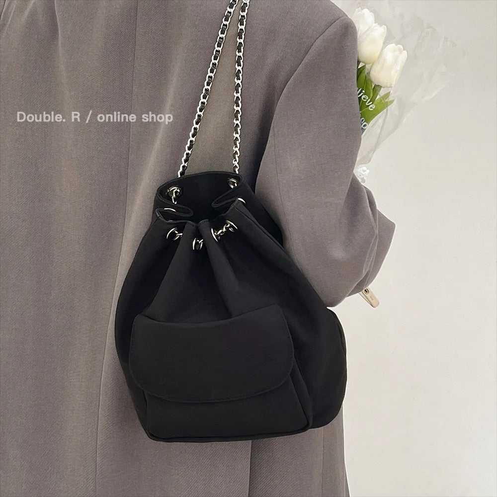 Women's Casual Drawstring Chain Bucket Bag Nylon Backpack