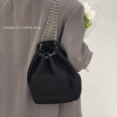 Women's Casual Drawstring Chain Bucket Bag Nylon Backpack