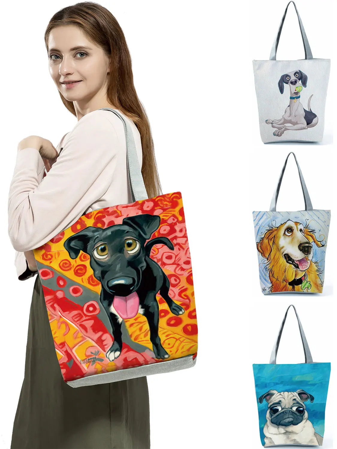 Dog Print Tote Bag Animal Schnauzer Golden Retriever Women Handbag