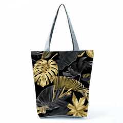 Golden Plant Leaf Printed Handbags Lady Art Tote Bags Classic Women Shoulder Bag