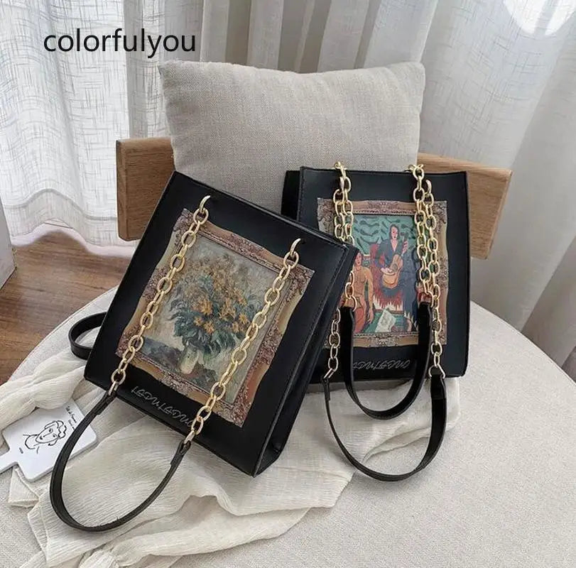 Vintage Oil Girl Pattern Handbag Chain Crossbody Bag