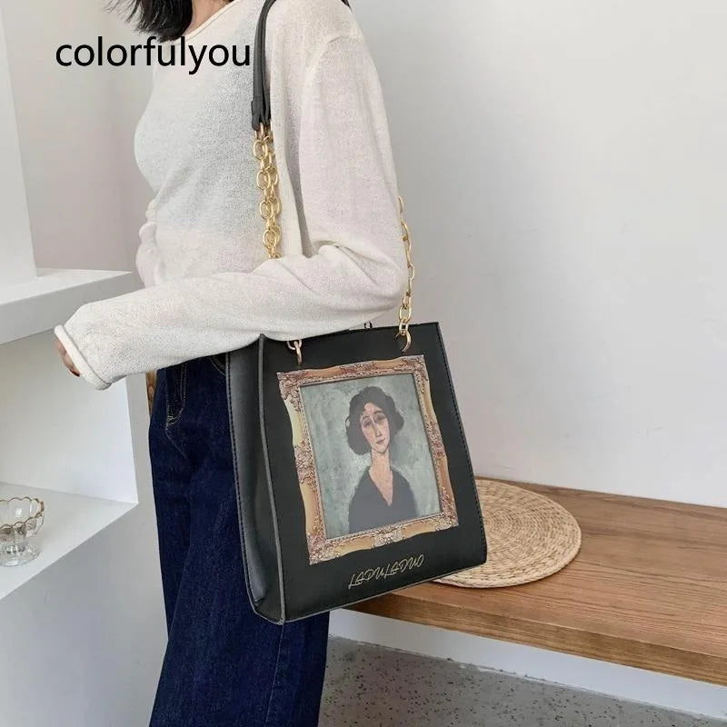 Vintage Oil Girl Pattern Handbag Chain Crossbody Bag