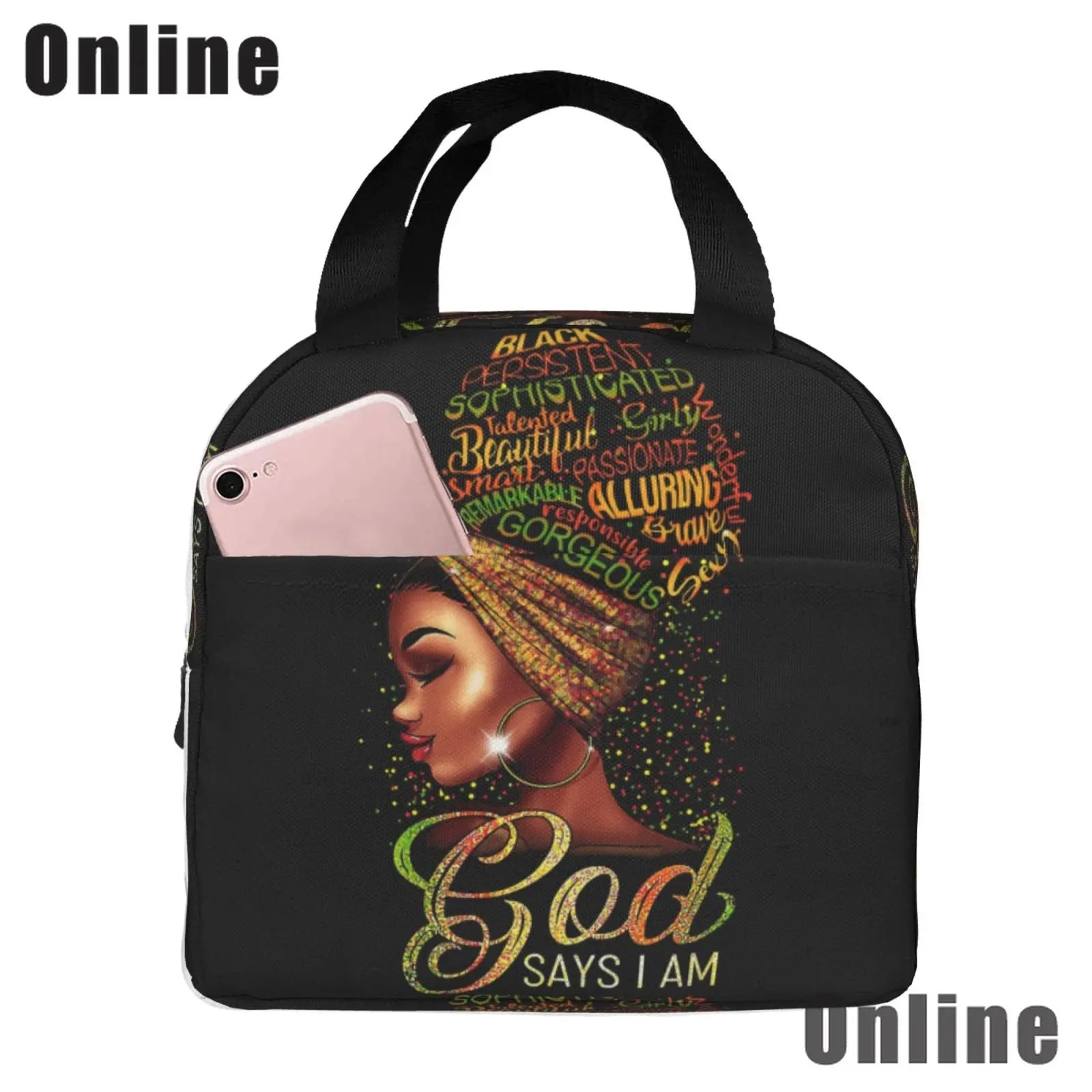 African American Girl Lunch Bag Tote Insulated Reusable Portable Lunch Box
