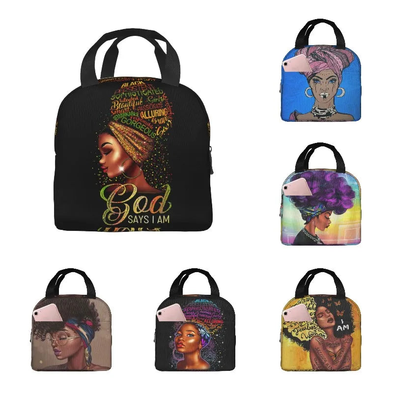 African American Girl Lunch Bag Tote Insulated Reusable Portable Lunch Box