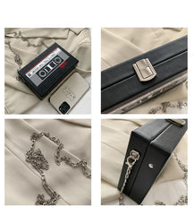 Cassette Tape Flap Crossbody Bag Mini Chains Small Pouch Purses PU Leather