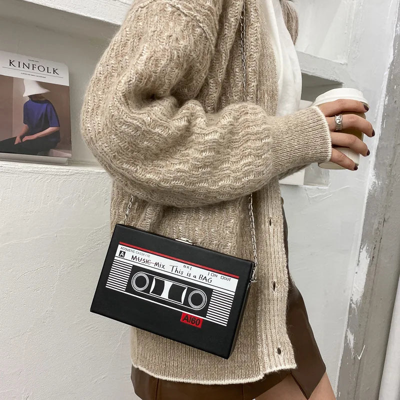 Cassette Tape Flap Crossbody Bag Mini Chains Small Pouch Purses PU Leather