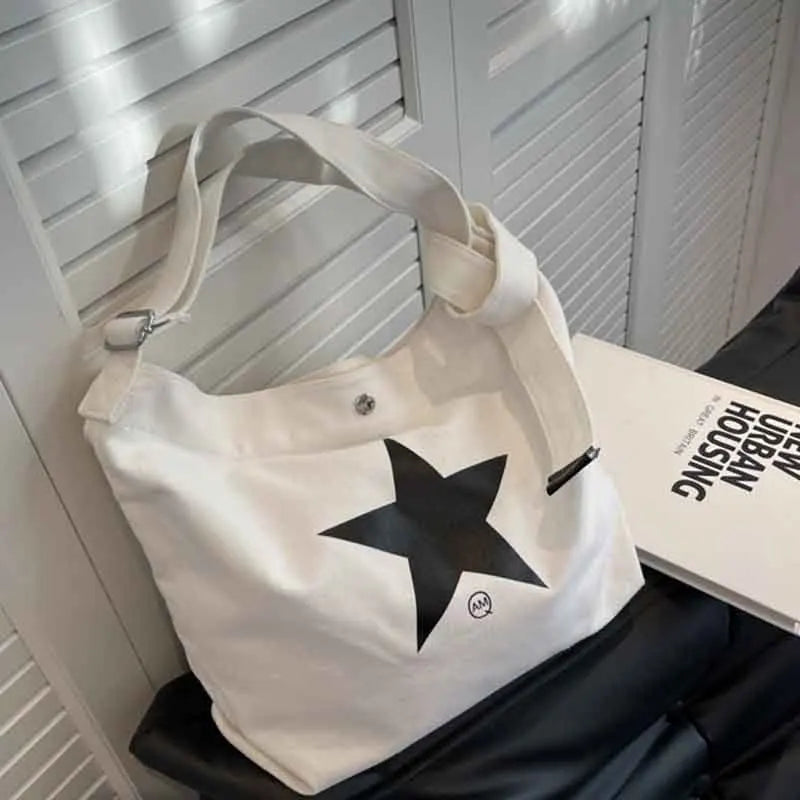 Star Print Canvas Women's Shopping Bag Casual Soft Texture Tote