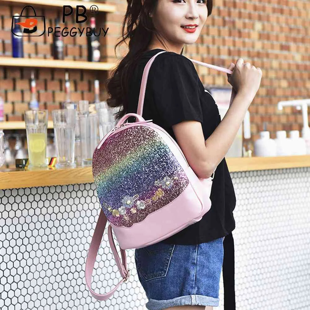Shining Sequin Backpack Floral School Bag Teenager Handbag