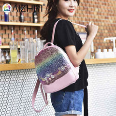 Sequin Backpack Floral Travel School Bags High Shine Handbag