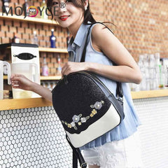 Floral Sequin Backpack Women Shining School Bag Teen Love Handbag