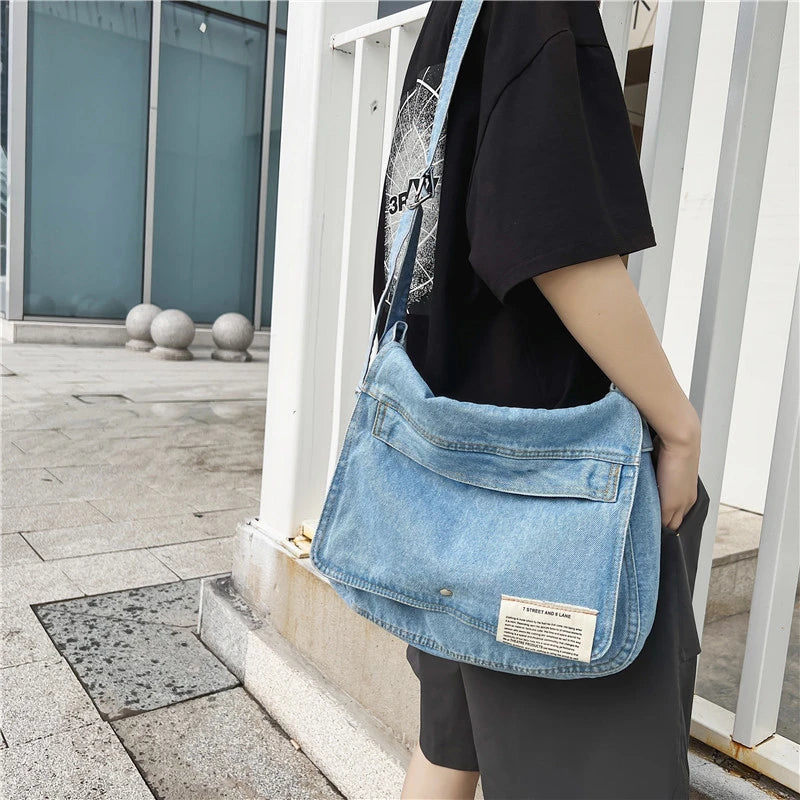 Fresh Youth Cotton Denim Shoulder Bag Solid Canvas Satchel