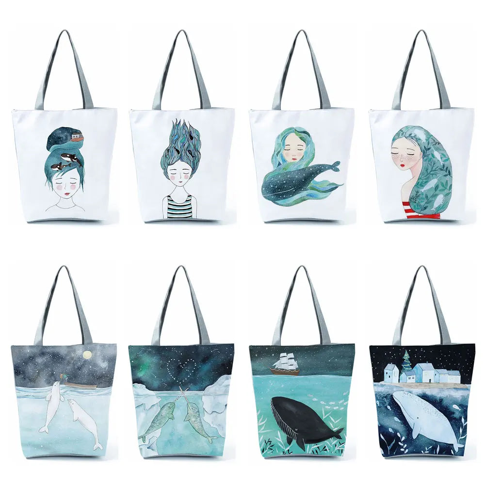 Painting Whale Sea Series Shopper Bag Women Handbags Large Capacity Totes