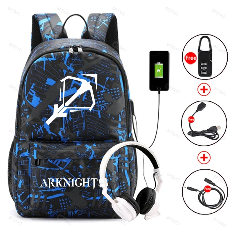 Arknights Backpack Anti-Theft Student Bookbag Rucksack USB Charging Laptop