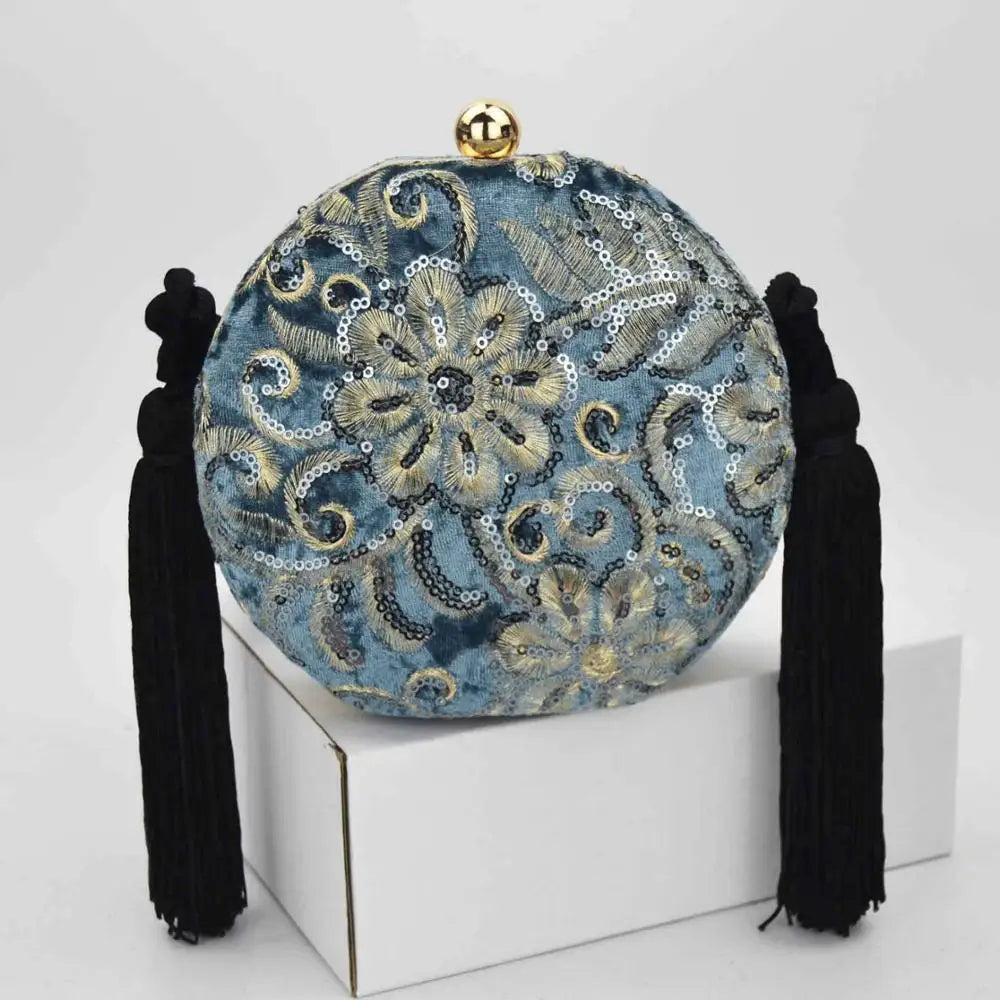 Flannelette Clutch Bag Embroidery Sequins Round Evening Bag Tassels Handbag Brai