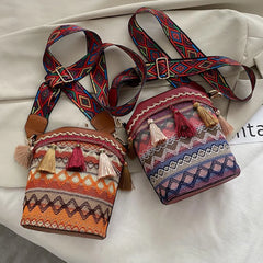 Bohemian Braid Bucket Crossbody Bag with Tassel Fringed Tote Purse
