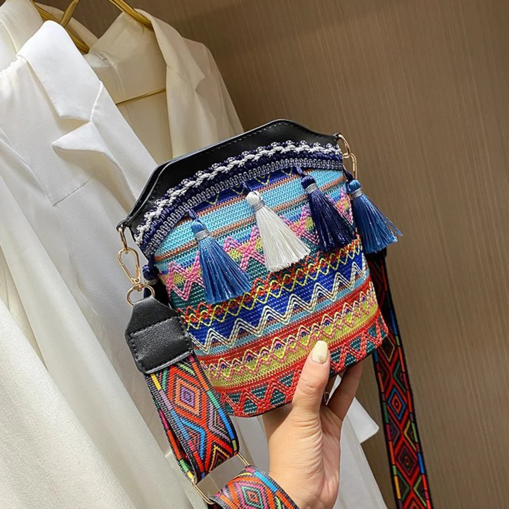 Bohemian Braid Bucket Crossbody Bag with Tassel Fringed Tote Purse