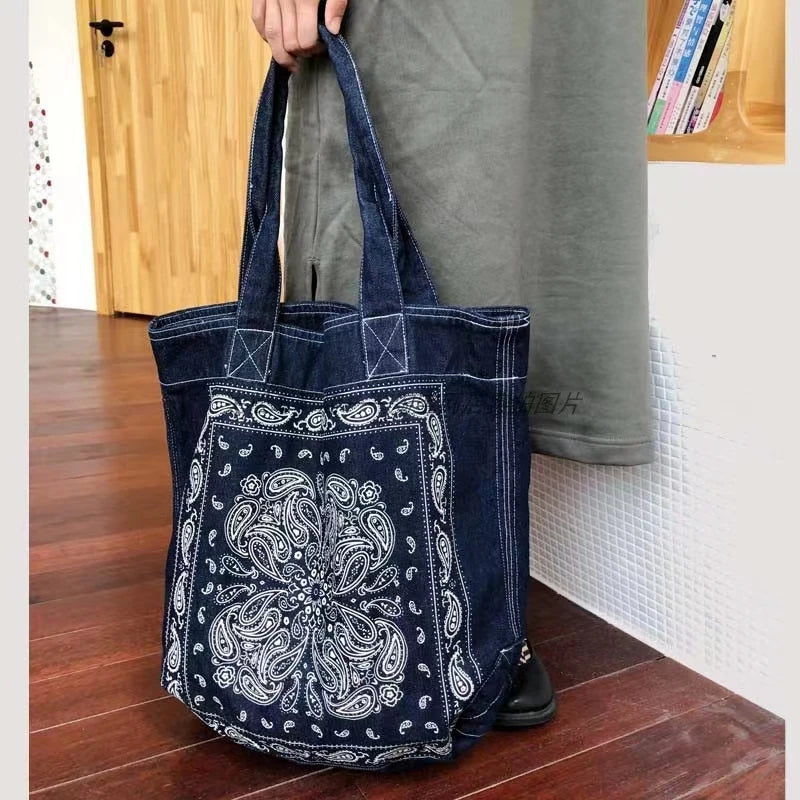 Boho Denim Shoulder Bag Cashew Flower Print Casual Handbag Women Large