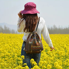 Bohemian Drawstring Backpacks Bag Women Woven Casual Beach Travel Bags