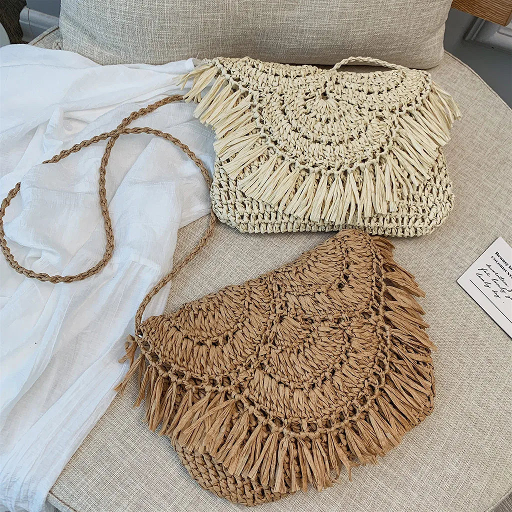 Boho Tassel Rattan Woven Shoulder Bag Beach Straw Crossbody Clutch
