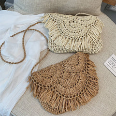 Boho Tassel Rattan Woven Shoulder Bag Beach Straw Crossbody Clutch