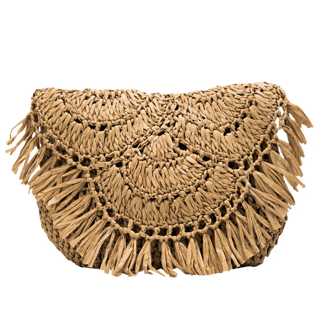 Boho Tassel Rattan Woven Shoulder Bag Beach Straw Crossbody Clutch