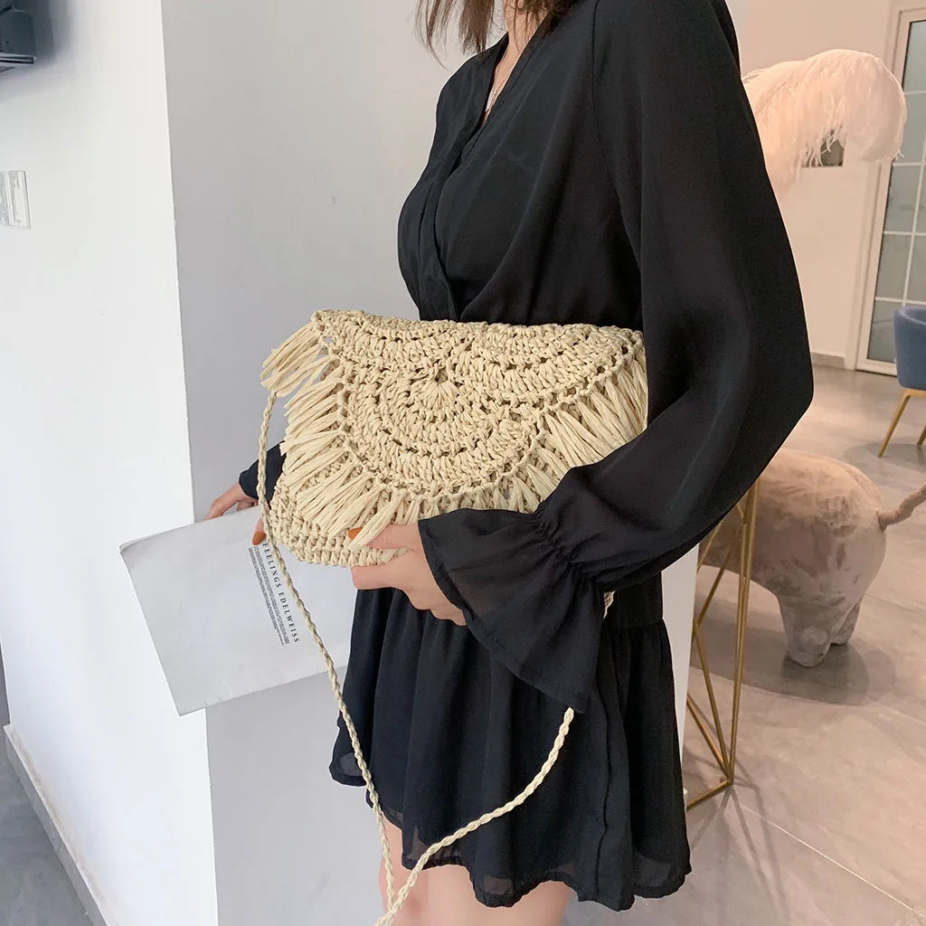 Boho Tassel Rattan Woven Shoulder Bag Beach Straw Crossbody Clutch