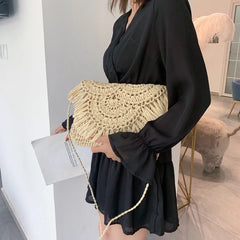 Boho Tassel Rattan Woven Shoulder Bag Beach Straw Crossbody Clutch