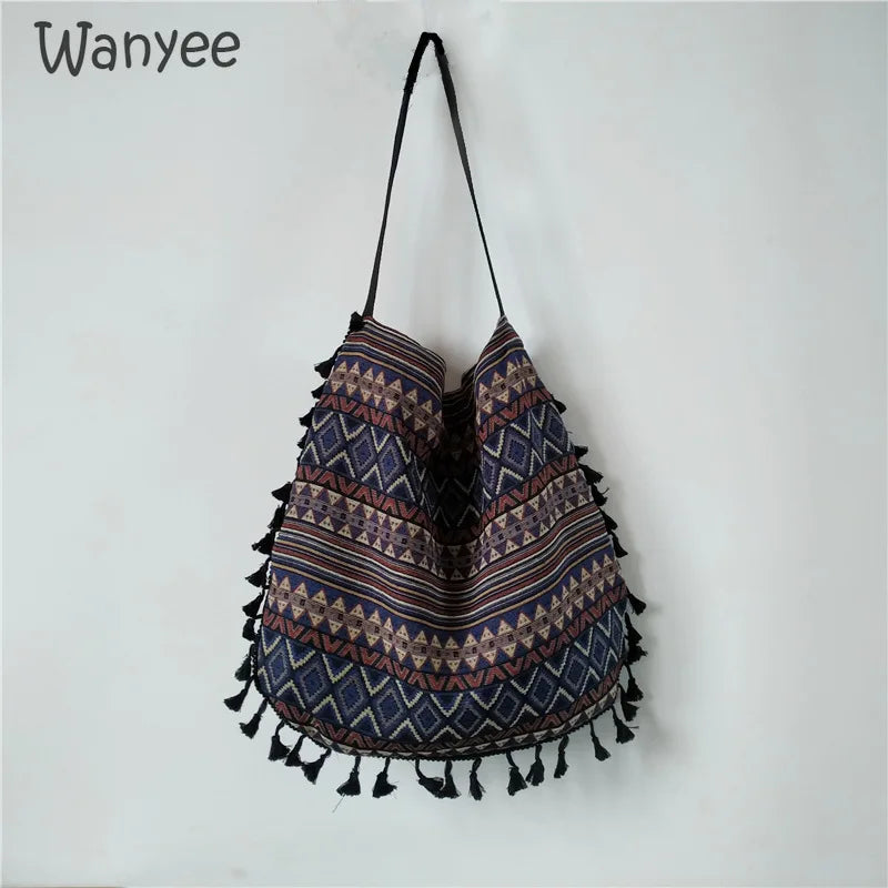 Boho Vintage Messenger Bag Ethnic Style Tassel Shoulder Handbag