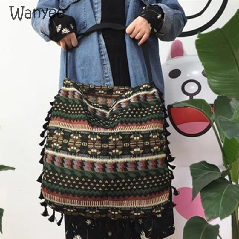 Boho Vintage Messenger Bag Ethnic Style Tassel Shoulder Handbag