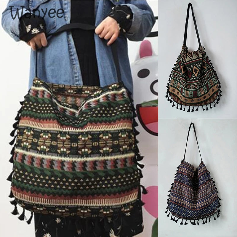 Boho Vintage Messenger Bag Ethnic Style Tassel Shoulder Handbag