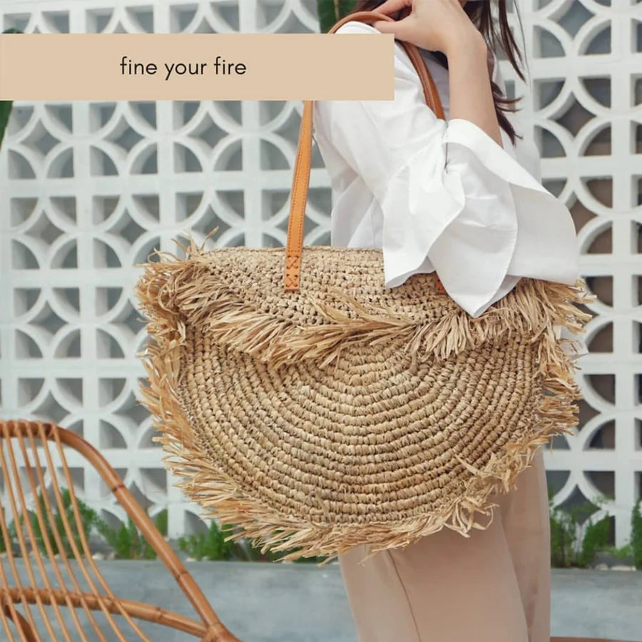 Boho Round Tassel Straw Bag Large Casual Handbag