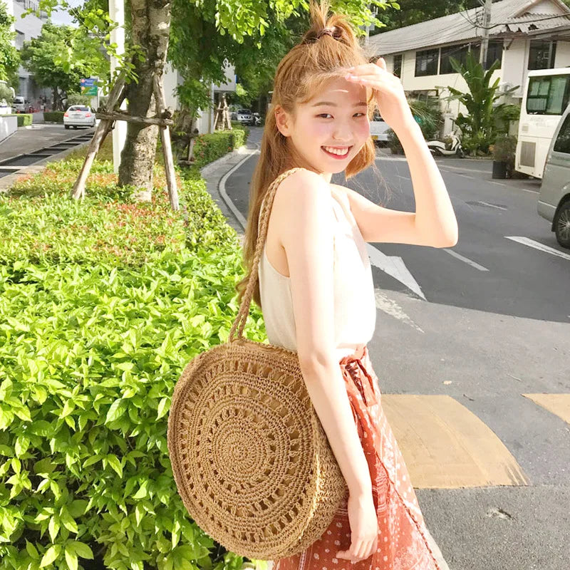 Boho Straw Woven Circle Tote Bag for Women