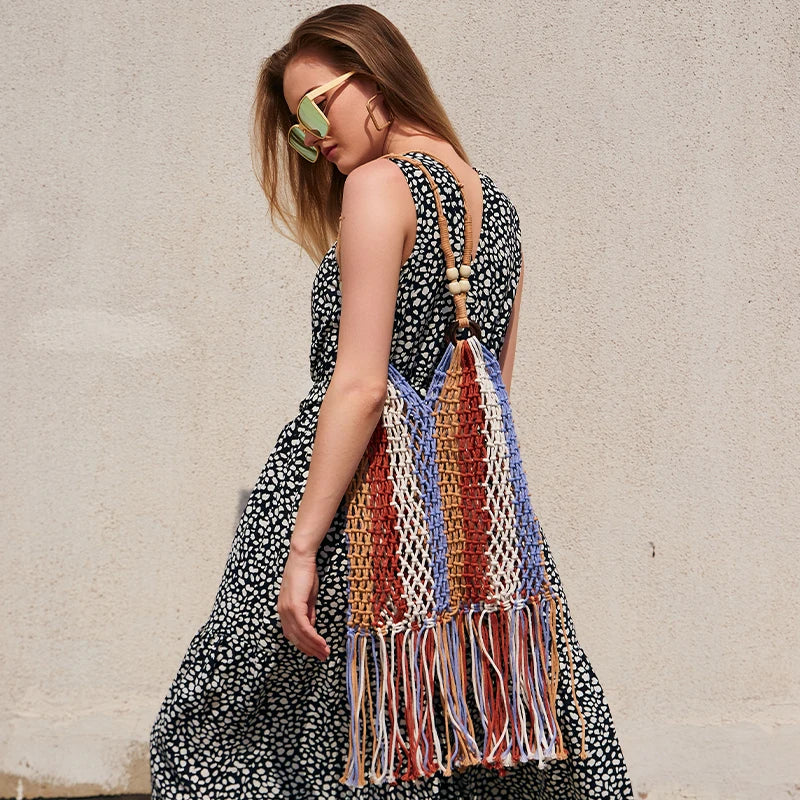 Bohemian Tassel Fishnet Shoulder Bag Colorful Lady Handbag Hollow Beach Tote