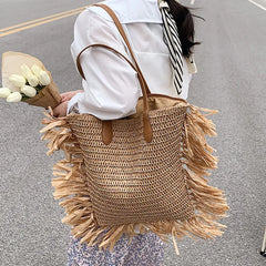 Boho Tassel Women Straw Bag Rattan Shoulder Bags Large Capacity Handbags