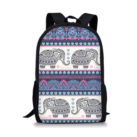 Boho Elephant Print Girls School Bags Retro All-match Backpacks Waterproof