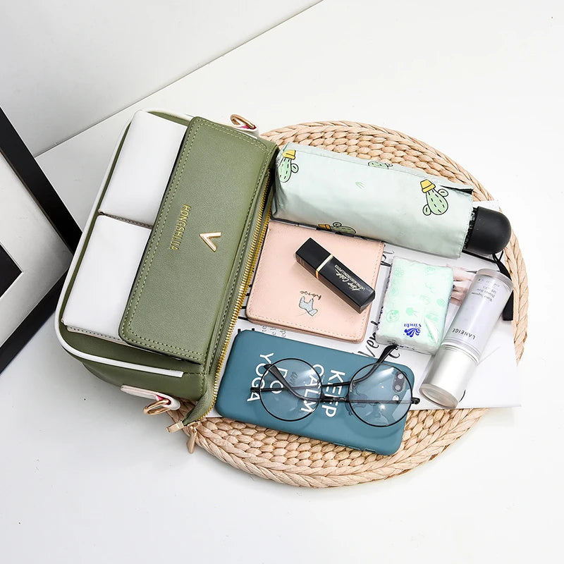 PU Flap Shoulder Bag Contrast Crossbody Messenger Bag