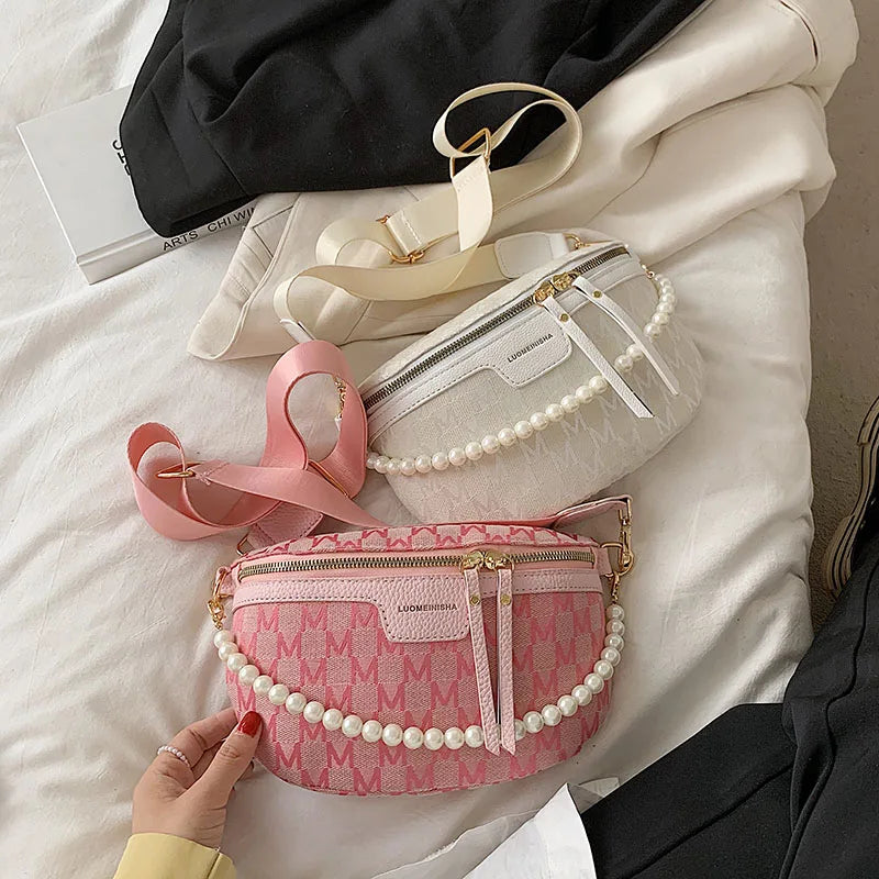 Faux Pearl Chain Waist Bag Canvas Fanny Pack for Women Shoulder Crossbody