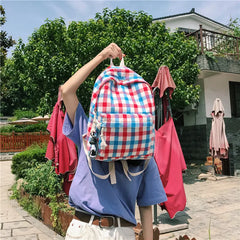 Plaid Canvas Backpacks for Women School Students Shoulder Bags